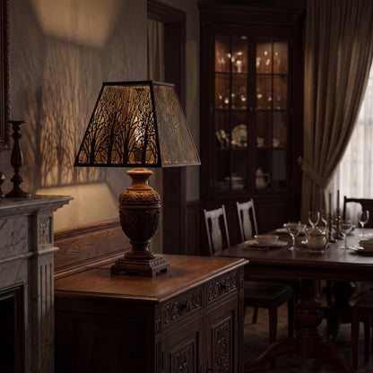 Pyramid Metal Lamp Shade with Square Bell Shape Installed on Ornate Heavily Carved Dark Walnut Wood Urn-Shaped Table Lamp with Elaborate Scroll, Leaf, and Foliage Carving Details including Acanthus Leaf Motif on Body and Decorative Carved Square Base Placed on Elegant Ornate Carved Dark Walnut Wood Dining Room Sideboard, Server, or Buffet Cabinet with Heavily Carved Scroll and Leaf Decorative Trim, Paneled Doors with Carved Details, and Decorative Woodworking - Elegant Traditional or Farmhouse Dining Room S