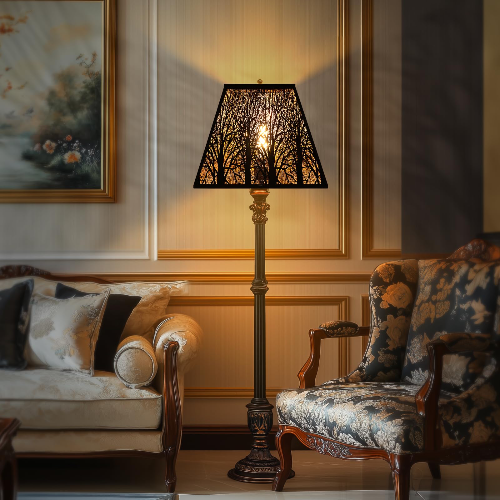 Pyramid metal lamp shade installed in rustic and farmhouse interior enhancing warm decorative lighting effect