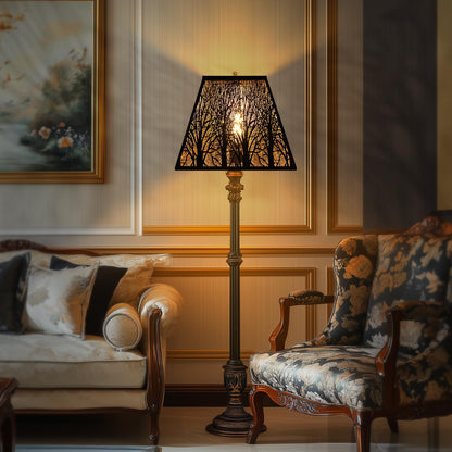 Pyramid metal lamp shade installed in rustic and farmhouse interior enhancing warm decorative lighting effect