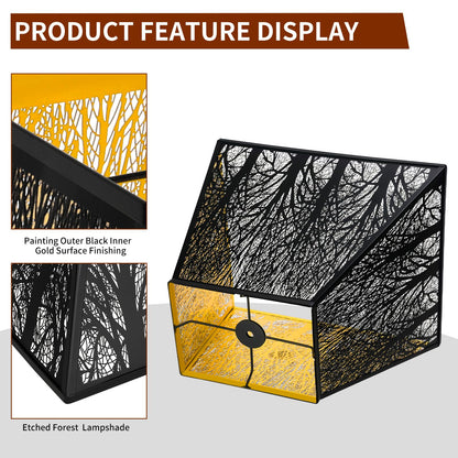 Pyramid metal lamp shade producing warm ambient glow creating rustic farmhouse interior lighting atmosphere