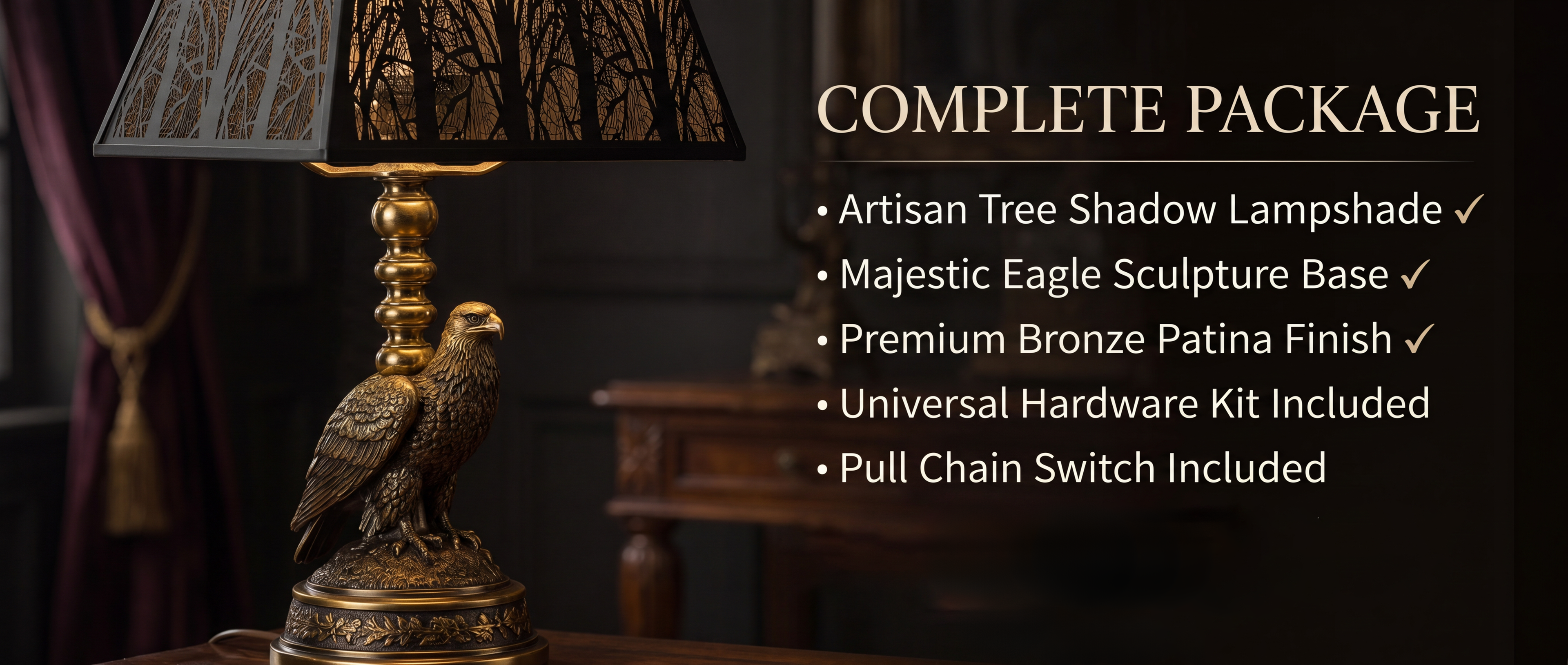 Pyramid Metal Lamp Shade with Square Bell Shape and Forest Etched Detailing "COMPLETE PACKAGE" Feature Banner - Left Side Shows Lamp Shade Installed on Majestic Eagle Sculpture Table Lamp Base Featuring Detailed Bald Eagle Sculpture with Intricate Feather Details Perched on Ornate Decorative Base with Foliage or Leaf Carving Details - Lamp Resting on Polished Dark Wood Table with Portion of Wood Furniture or Cabinet Visible - Right Side Large Title "COMPLETE PACKAGE" with Five Numbered Bullet Points Each wi