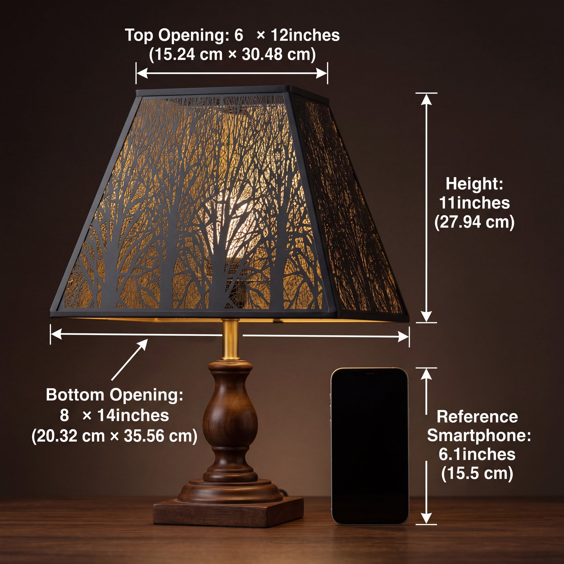 Pyramid Metal Lamp Shade with Square Bell Shape Precise Dimensions Size Reference Chart - Shade Installed on Elegant Turned Dark Walnut Wood and Antique Brass or Gold Candlestick Table Lamp with Decorative Carved Wood Bulbous Urn-Shaped Section, Brass or Gold Metal Stem Connector, and Square Dark Wood Base with Stepped Edge - Resting on Polished Dark Walnut Wood Table with Wood Grain - Rich Warm Brown or Dark Coffee Textured Background - Precise Measurements Marked with White Lines: TOP OPENING 6 x 12 inche