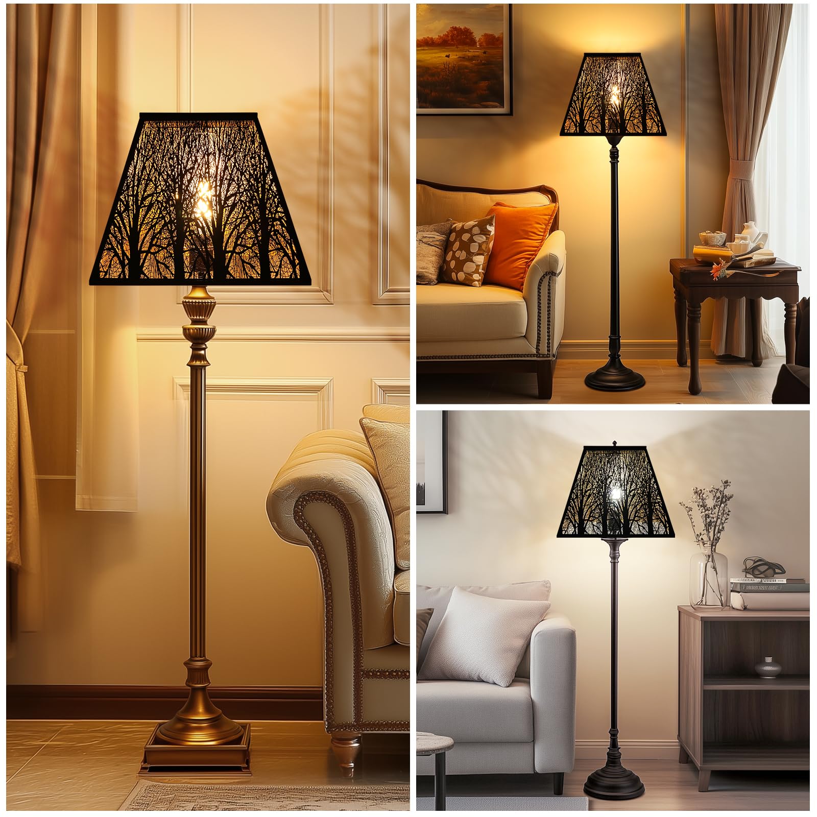 Pyramid metal lamp shade angled view showing square bell structure with antique black and gold vintage lighting design
