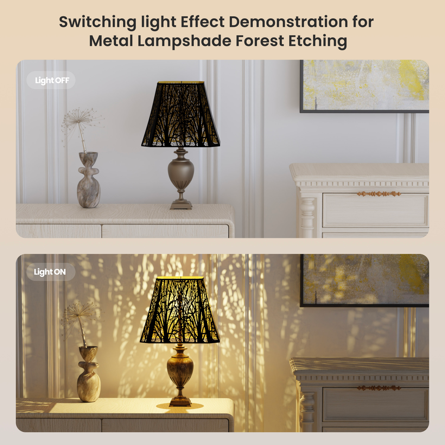 Large rectangle forest etched lamp shade creating warm ambient lighting for modern and vintage interiors