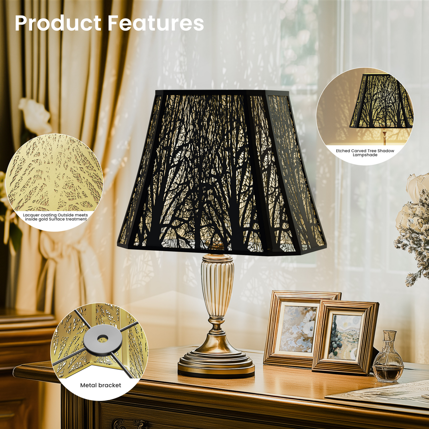 Side view of large rectangle metal lamp shade with forest etched pattern and durable metal construction
