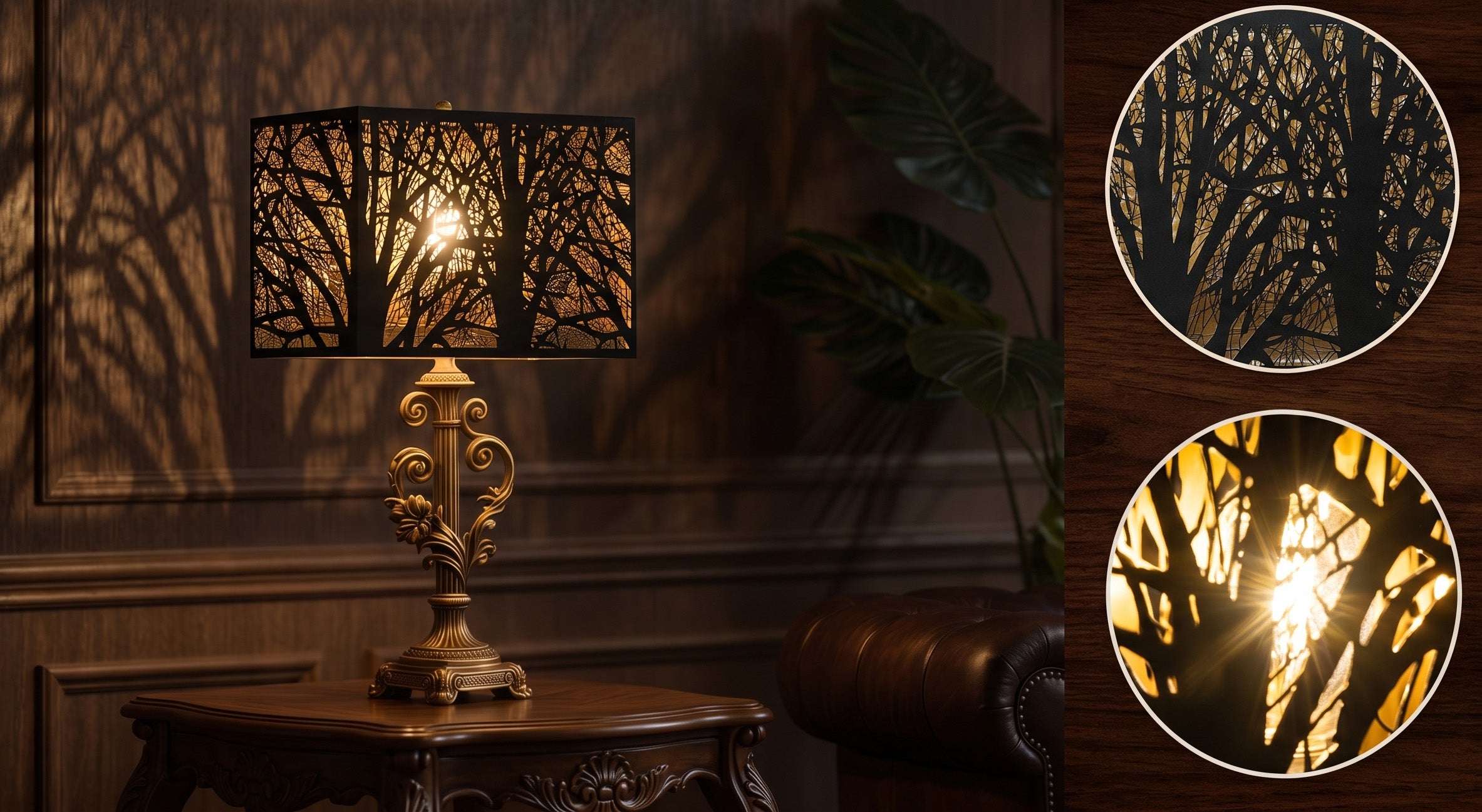 Rectangular Metal Lamp Shade on Ornate Scrollwork Brass Table Lamp - Left Main View: Shade on Carved Rococo Floral Brass Lamp with Decorative Plinth Base Placed on Ornate Carved Dark Wood Parlor Table in Classic Living Room with Wood Panel Wall, Chesterfield Tufted Leather Sofa, Large Leaf Tropical Houseplant - Matte Black Rectangle with Intricate Laser-Cut Bare Tree Branch Forest Pattern, Warm Gold Interior Glow Casts Beautiful Tree Shadow Projection on Wood Wall - Right Side Two Circular Close-Up Detail I