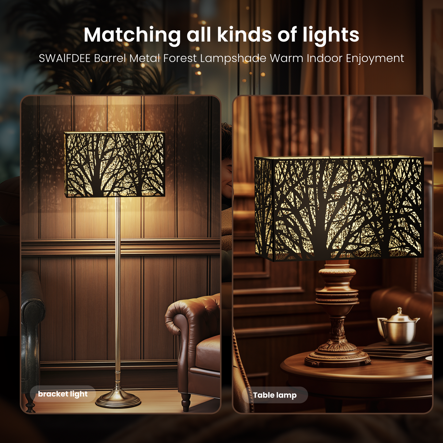 Rectangular metal lamp shade with clean structured design and warm gold interior lighting effect