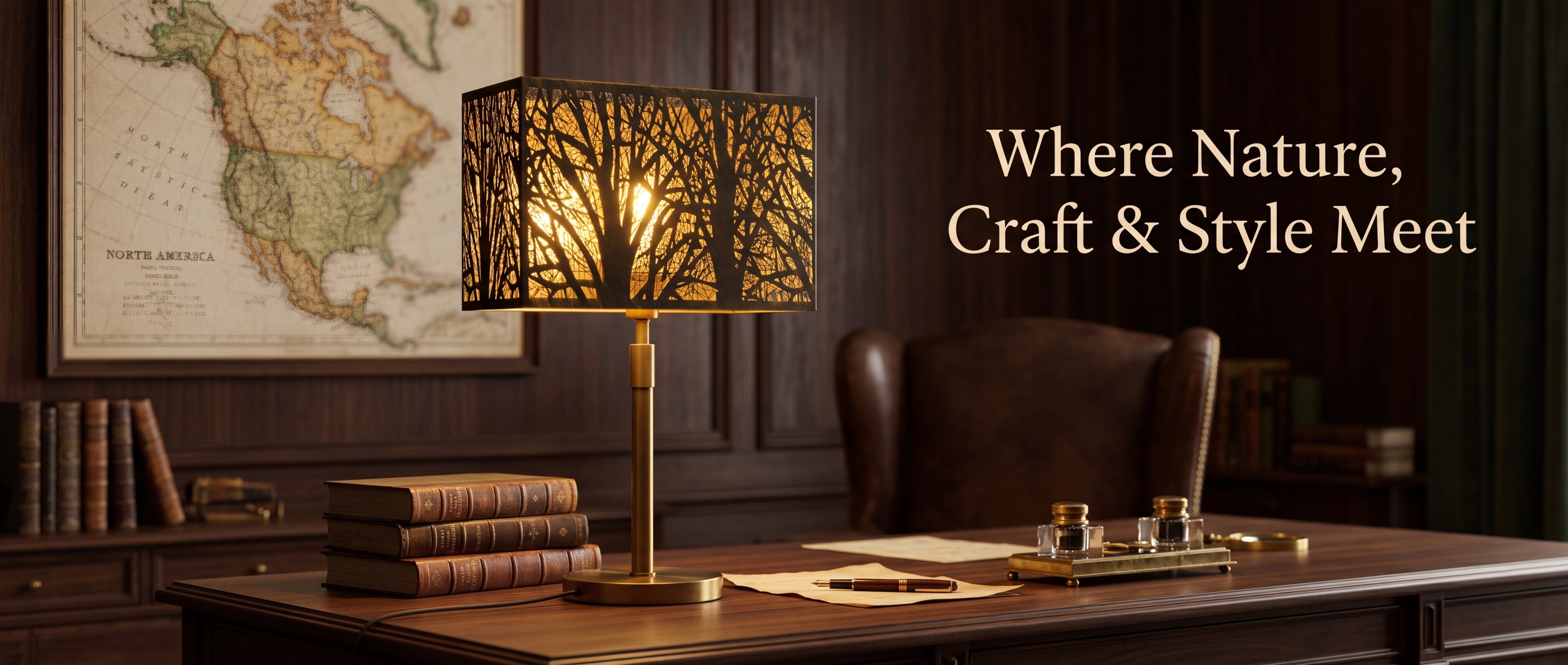 Rectangular metal lamp shade bronze exterior gold interior, etched botanical tree pattern, warm ambient lighting on brass table lamp in classic vintage study with leather chair and antique map