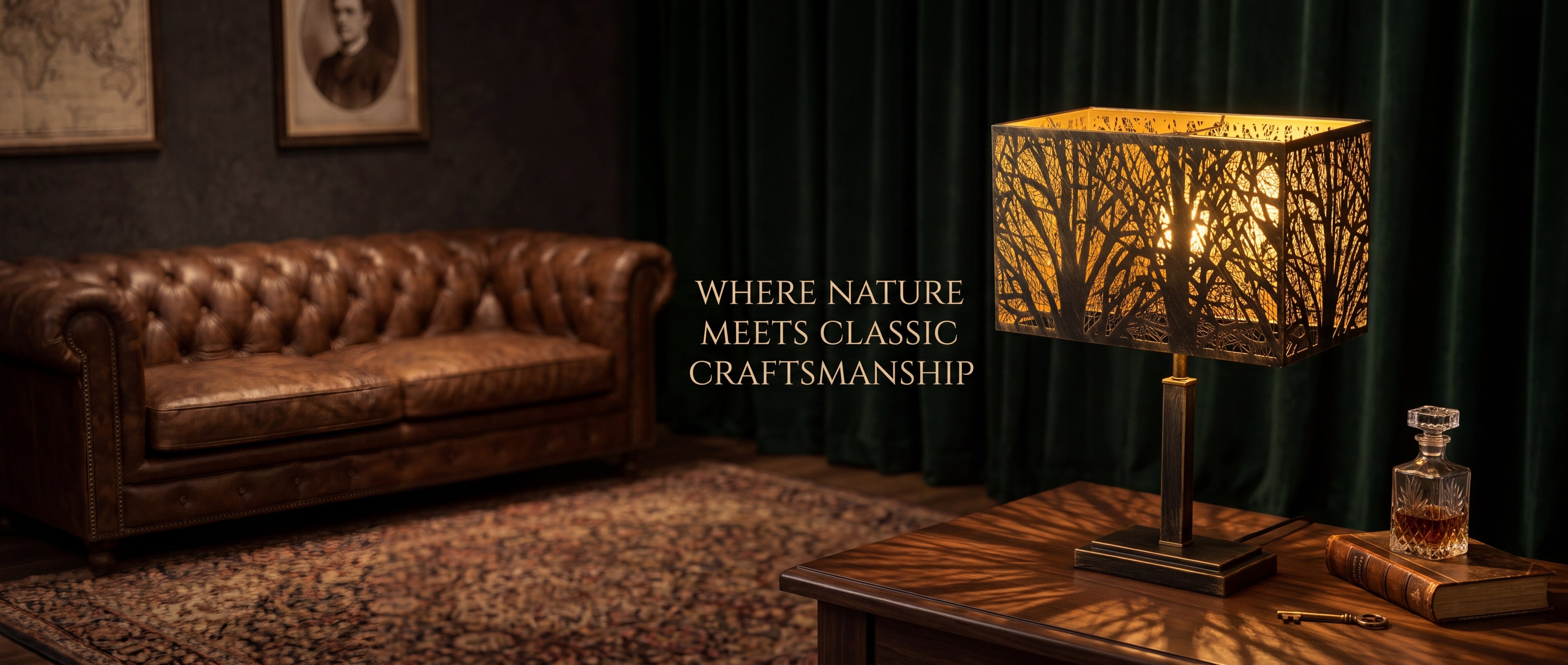 Rectangular metal lamp shade bronze exterior gold interior, etched botanical tree pattern, warm ambient lighting on vintage table lamp in classic leather sofa living room