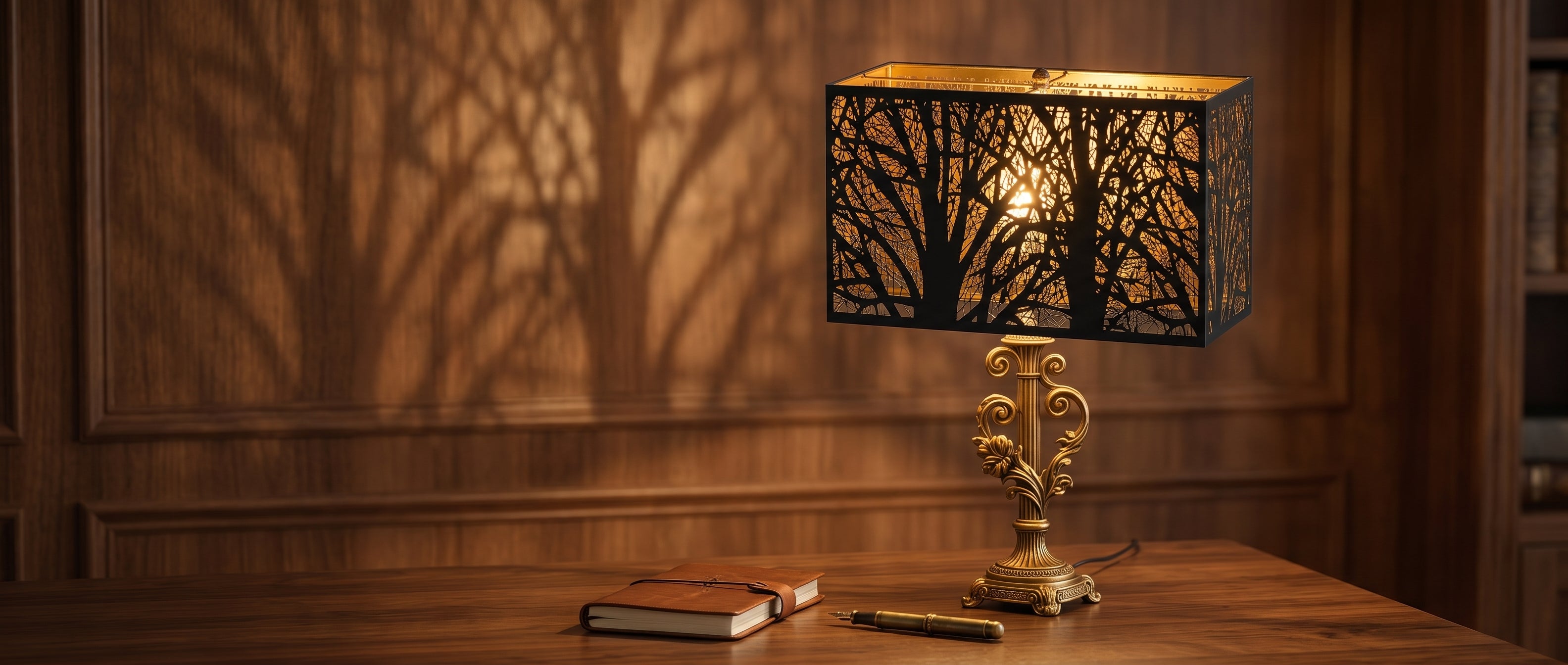 Rectangular Metal Lamp Shade on Highly Ornate Rococo Scrollwork Brass Table Lamp with Floral Leaf Motifs Placed on Polished Dark Wood Desk or Table in Classic Study or Library with Wood Panel Wall and Leather Bookshelf - Desk Accessories Include Brown Leather-Bound Journal Notebook with Elastic Strap, Brass Fountain Pen, Polished Wood Surface - Matte Black Metal Rectangle Shade with Intricate Laser-Cut Bare Tree Branch Forest Pattern, Gold Interior Creates Warm Glow Casting Dramatic Detailed Tree Branch Sha