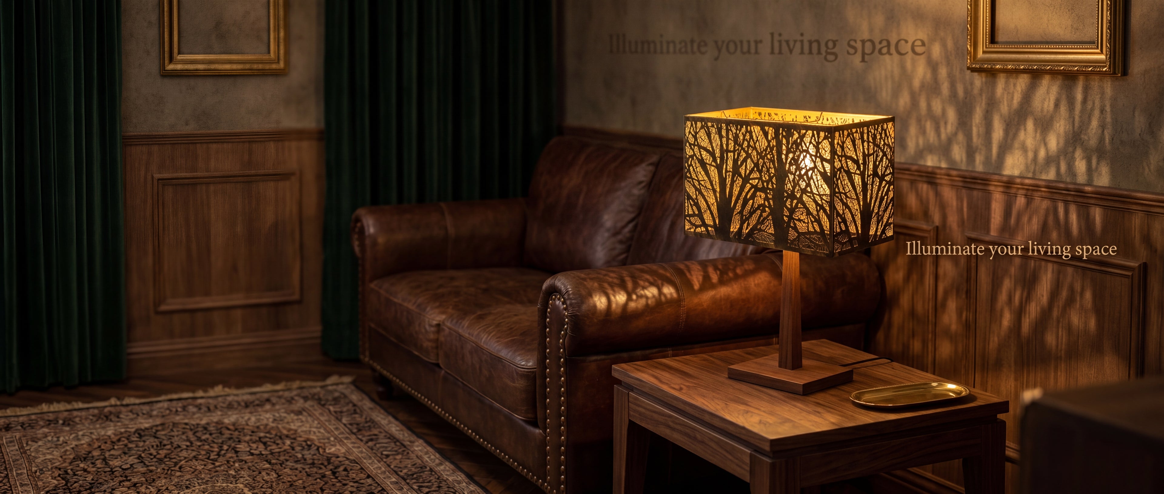Rectangular metal lamp shade bronze gold etched tree design on wooden side table lamp, warm ambient lighting illuminating vintage industrial living room with leather sofa and dark green curtains