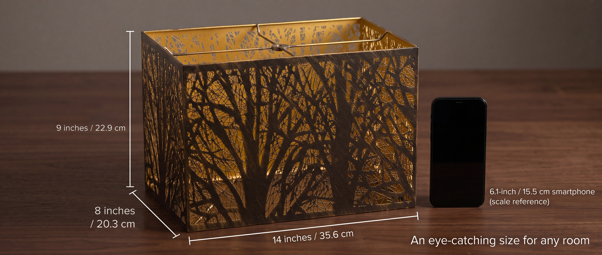 Rectangular metal lamp shade size chart 14 inches length x 8 inches width x 9 inches height, 355mm x 205mm, eye-catching size for floor lamps and tall lighting fixtures