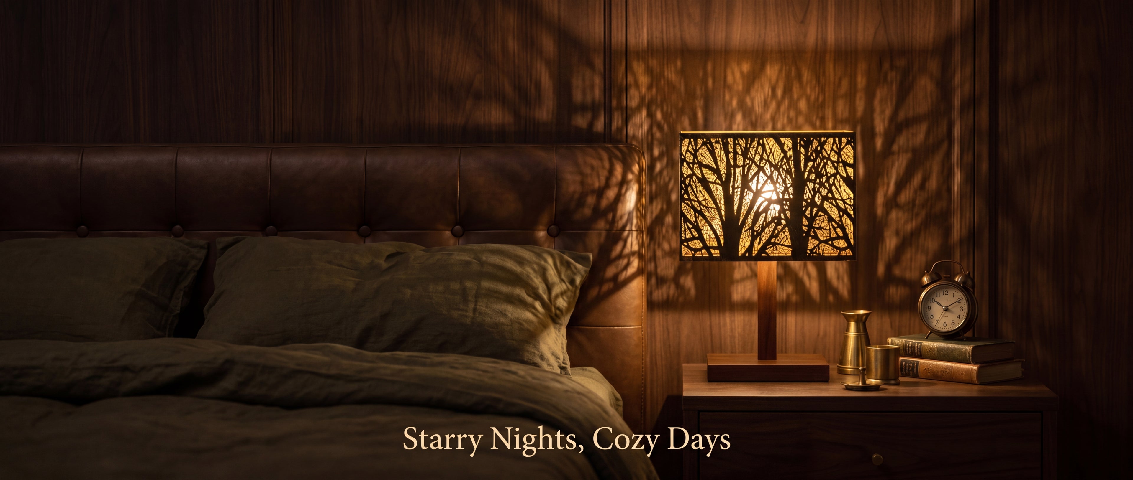 Rectangular metal lamp shade on wooden bedside table lamp, etched tree pattern casting warm ambient tree shadow on bedroom wall, starry nights cozy days vintage industrial bedroom decor