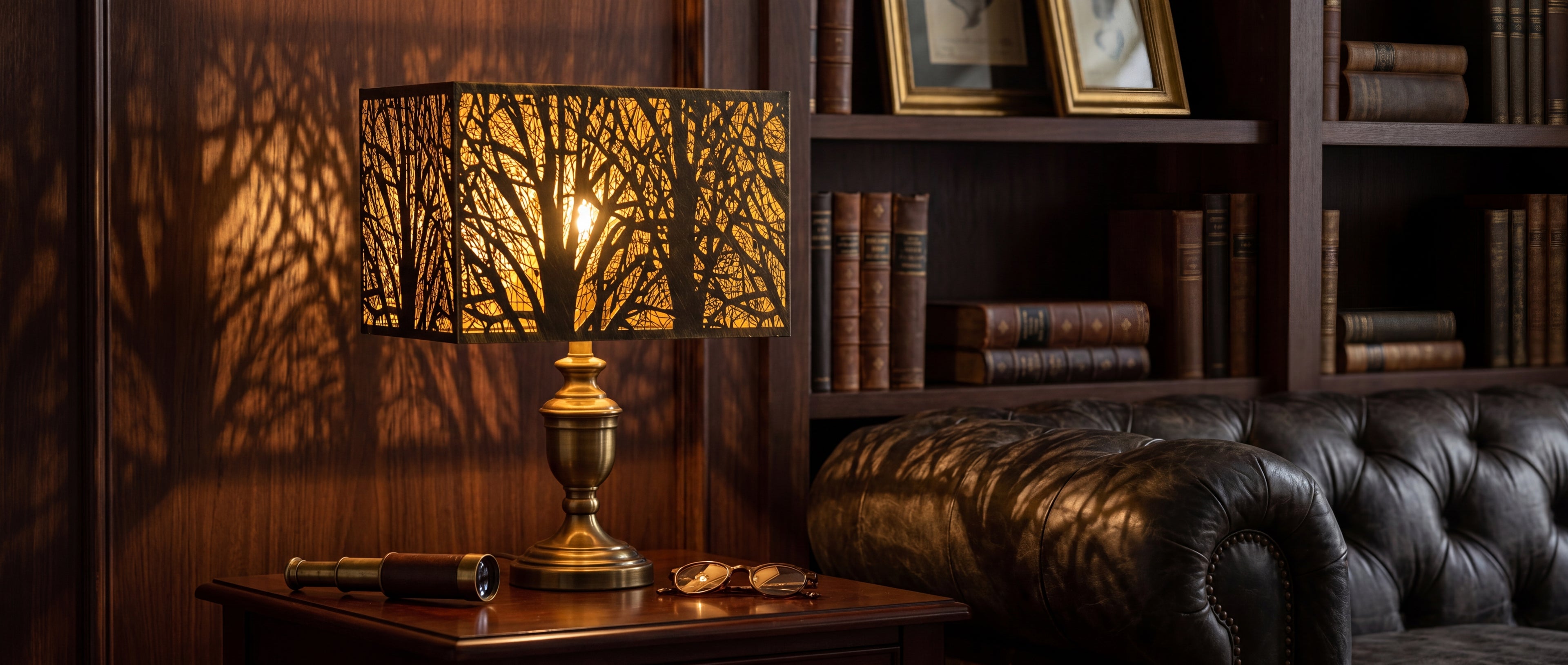 Rectangular metal lamp shade on vintage brass table lamp, bronze gold etched tree pattern casting warm ambient tree shadow on wall, classic study office with leather chair bookshelves