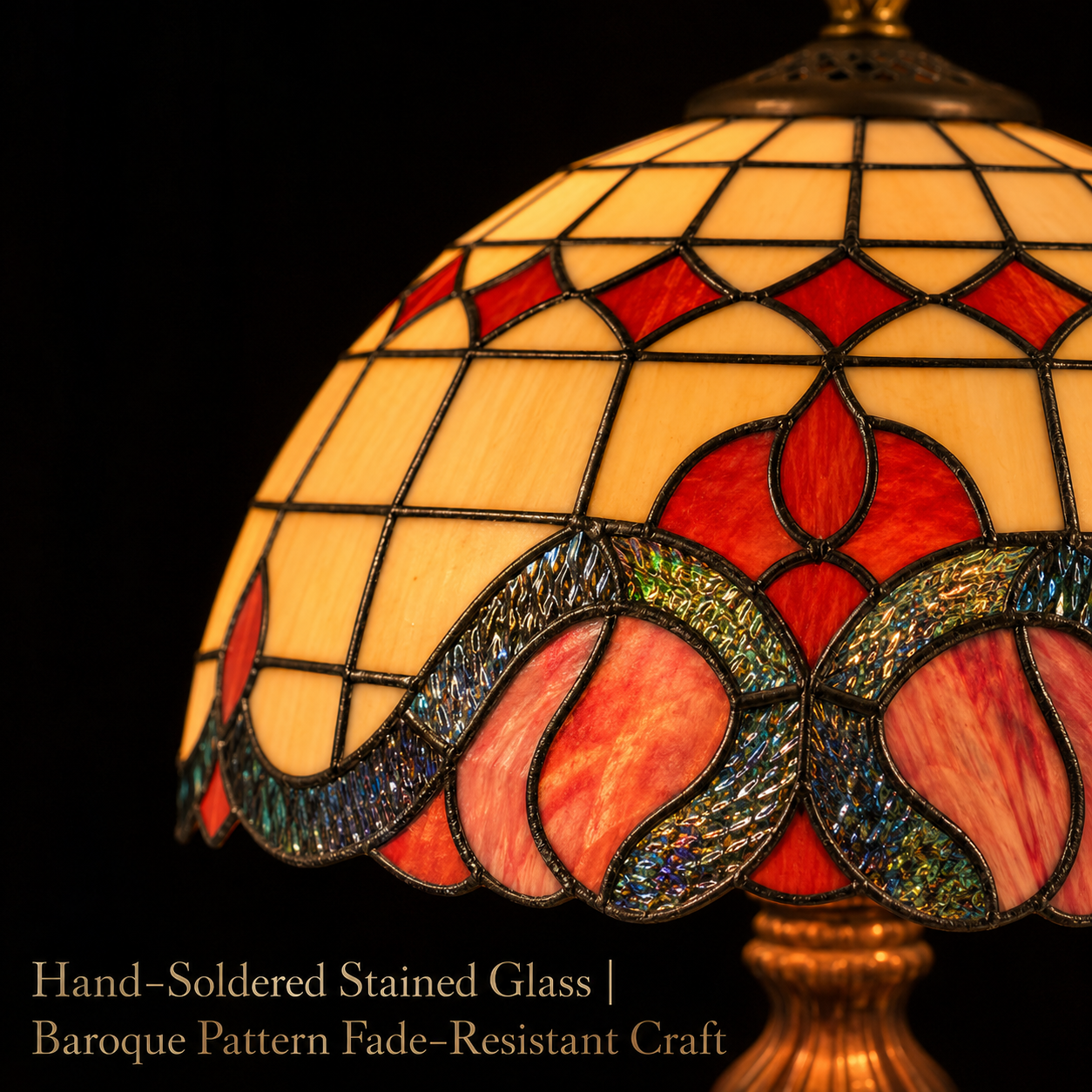 Close up view of red Baroque stained glass shade featuring handcrafted Tiffany style mosaic patterns