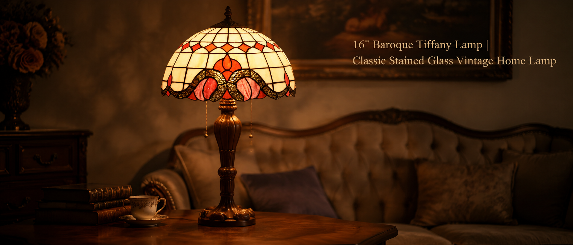 Red Baroque stained glass table lamp creating a warm vintage atmosphere in an elegant living room interior