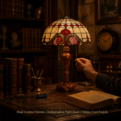 Red Baroque Tiffany table lamp with dual pull chain switch control and vintage decorative lighting design