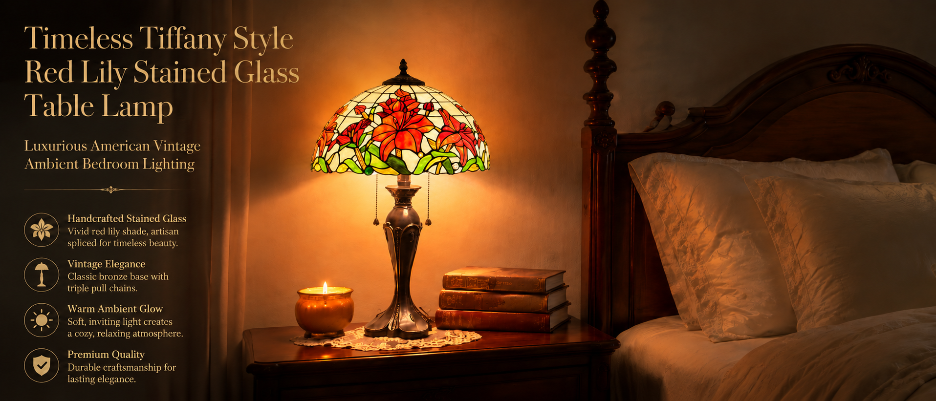 Red lily Tiffany style table lamp providing warm ambient bedroom lighting with elegant vintage atmosphere
