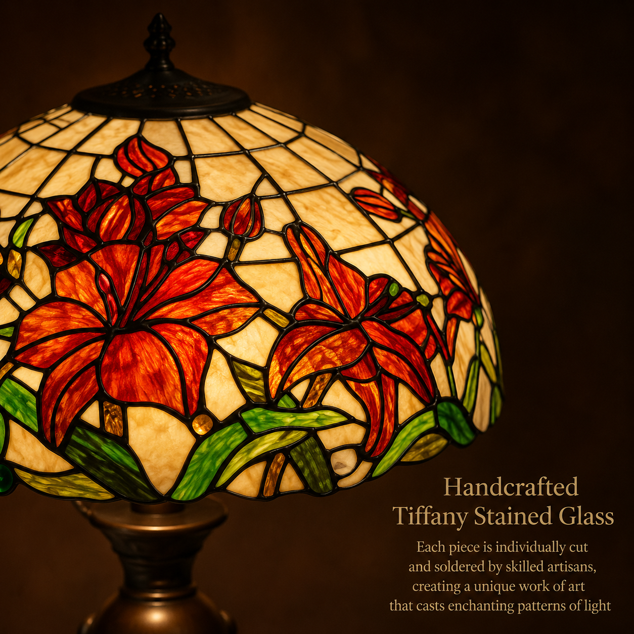 Close up view of red lily floral stained glass lamp shade showing handcrafted mosaic glass craftsmanship and vibrant colors