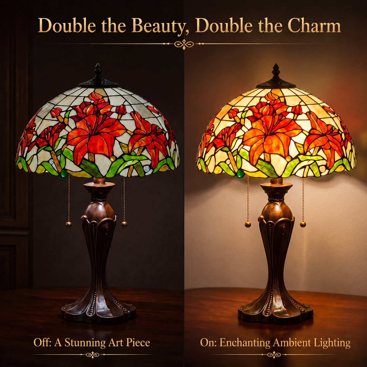 Red lily stained glass lamp showing off and on lighting effect with warm ambient glow and decorative illumination