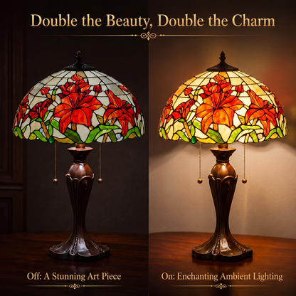 Red lily stained glass lamp showing off and on lighting effect with warm ambient glow and decorative illumination