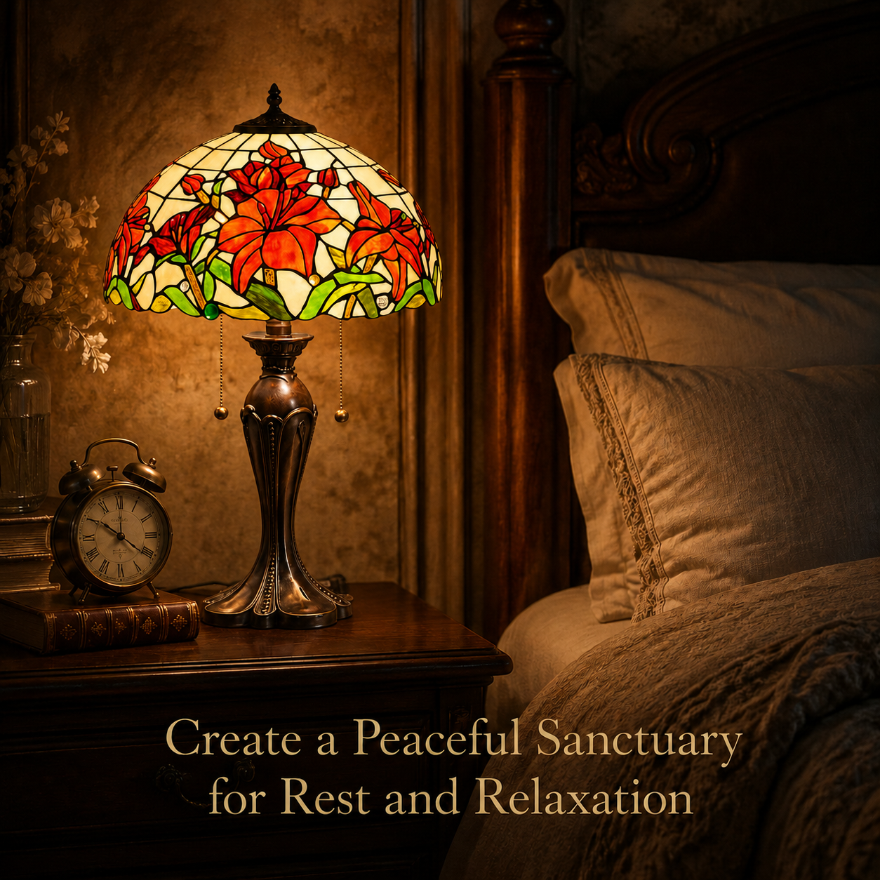 Red lily Tiffany table lamp creating warm relaxing bedroom lighting with vintage stained glass decoration