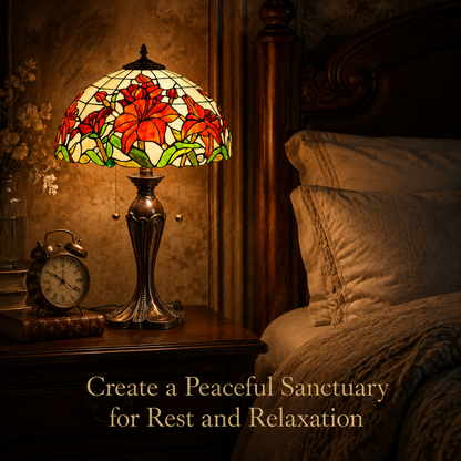 Red lily Tiffany table lamp creating warm relaxing bedroom lighting with vintage stained glass decoration