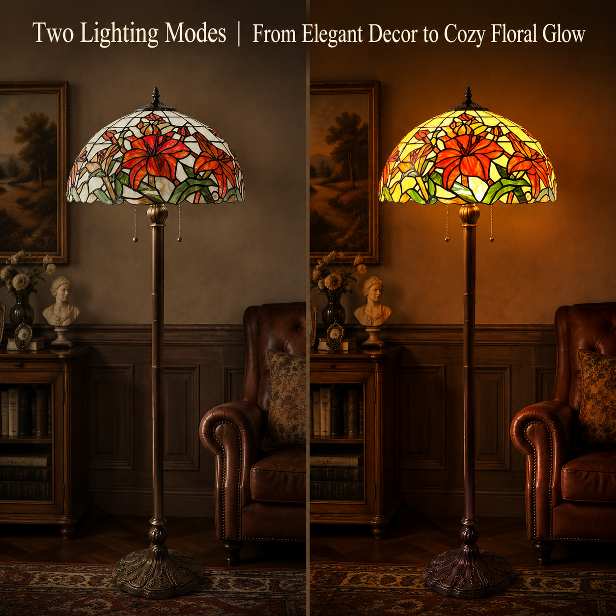 Red Lily Tiffany lamp showing warm glowing stained glass illumination and cozy ambient lighting effect