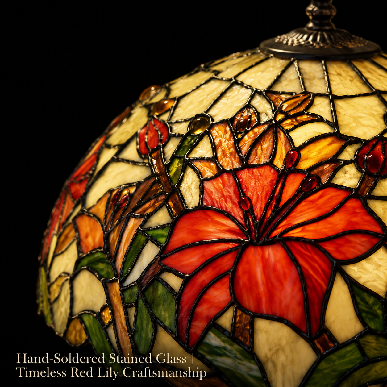 Close up view of Red Lily Tiffany stained glass lampshade featuring handcrafted floral glass craftsmanship