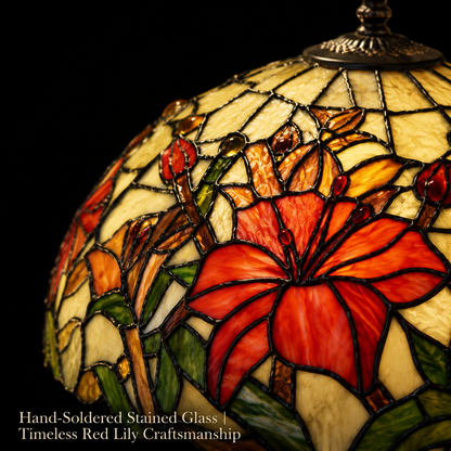 Close up view of Red Lily Tiffany stained glass lampshade featuring handcrafted floral glass craftsmanship