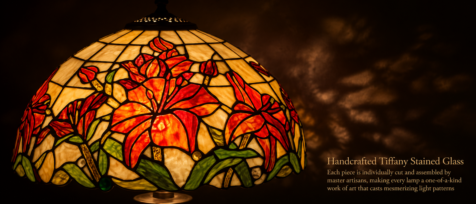 Handcrafted red lily Tiffany stained glass shade featuring colorful floral mosaic panels and artistic light transmission
