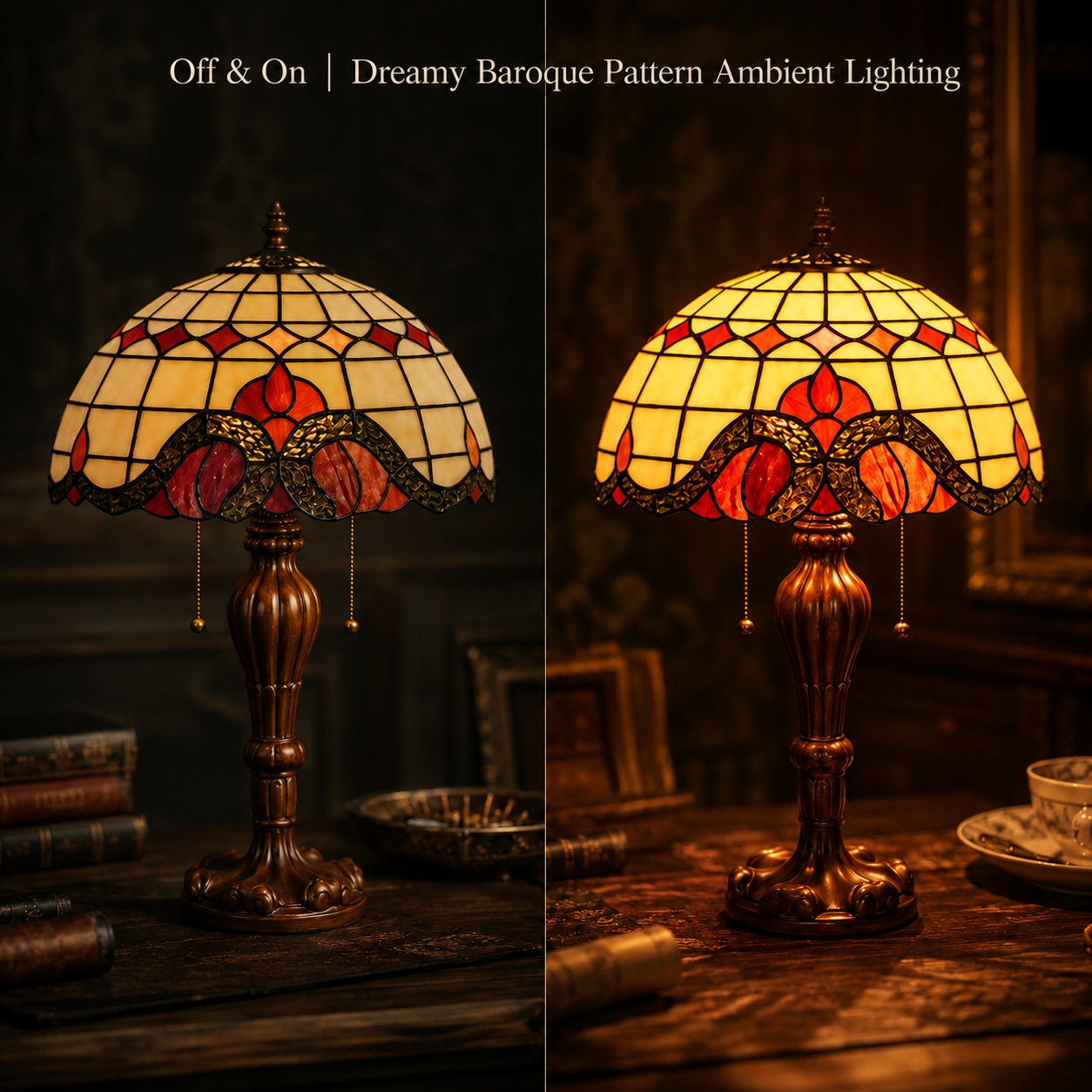 Red Tiffany stained glass table lamp showing warm ambient lighting effect before and after illumination