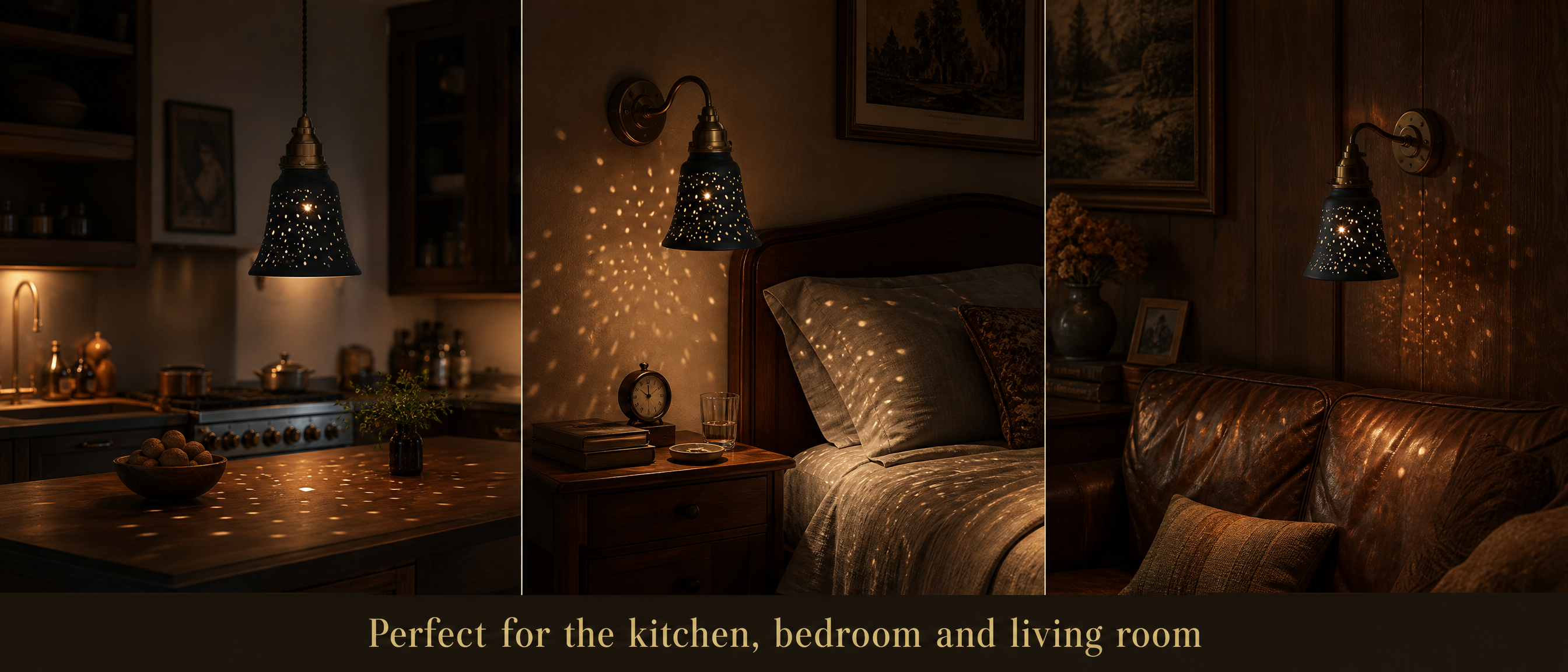 4-Pack Replacement Lamp Shades - Starlight Etching Black Metal Shades with Gold Interior, Perfect for Kitchen Pendant Light, Bedroom Wall Sconce, and Living Room Decorative Fixtures, 4.72"x4.72" Bell Shape, Standard 1-5/8 Inch Fitter for Ambient Lighting