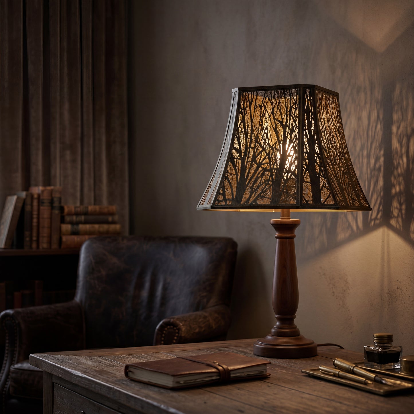 Etched tree design square cut corner bell lamp shade for table lamp, vintage decorative black gold lampshade on rustic wood desk
