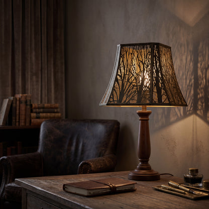 Etched tree design square cut corner bell lamp shade for table lamp, vintage decorative black gold lampshade on rustic wood desk