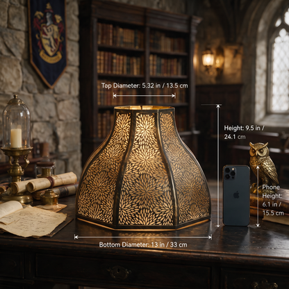 Retro lamp shade size comparison showing a 5.32-inch top, 13-inch bottom and 9.5-inch height beside a phone.