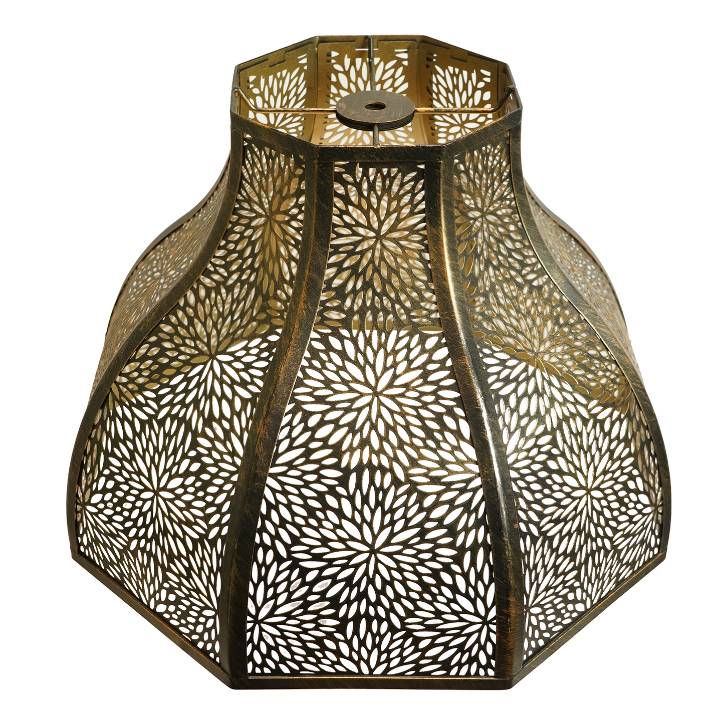 Retro lamp shade in antique bronze metal with an intricate floral cutout pattern and warm gold interior.