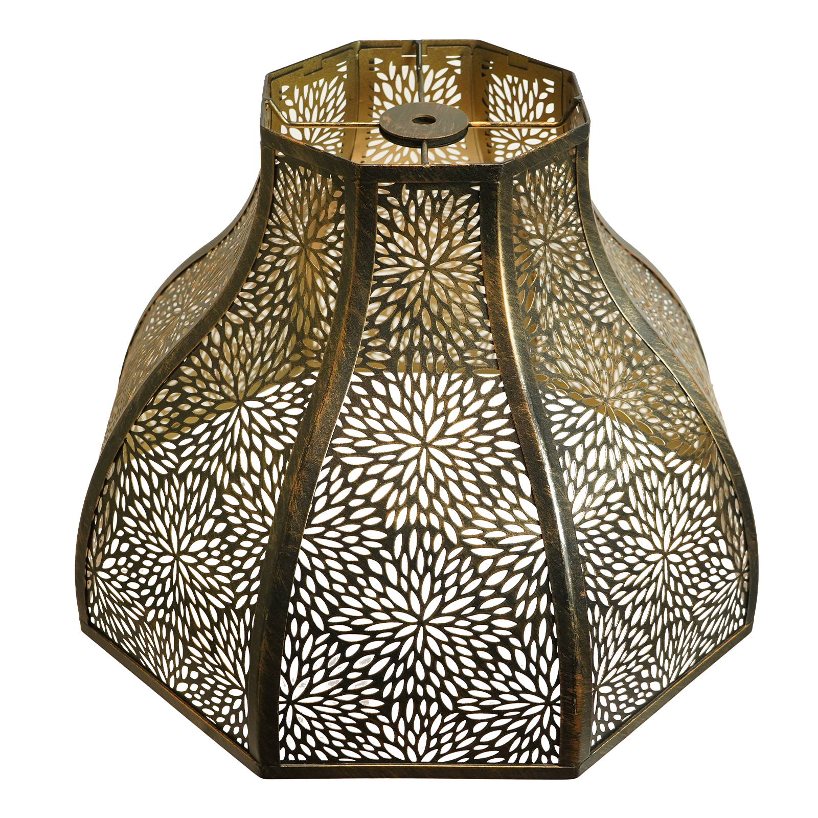 Retro lamp shade in antique bronze metal with an intricate floral cutout pattern and warm gold interior.