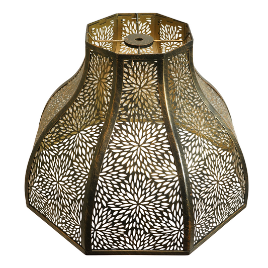 Retro lamp shade in antique bronze metal with an intricate floral cutout pattern and warm gold interior.