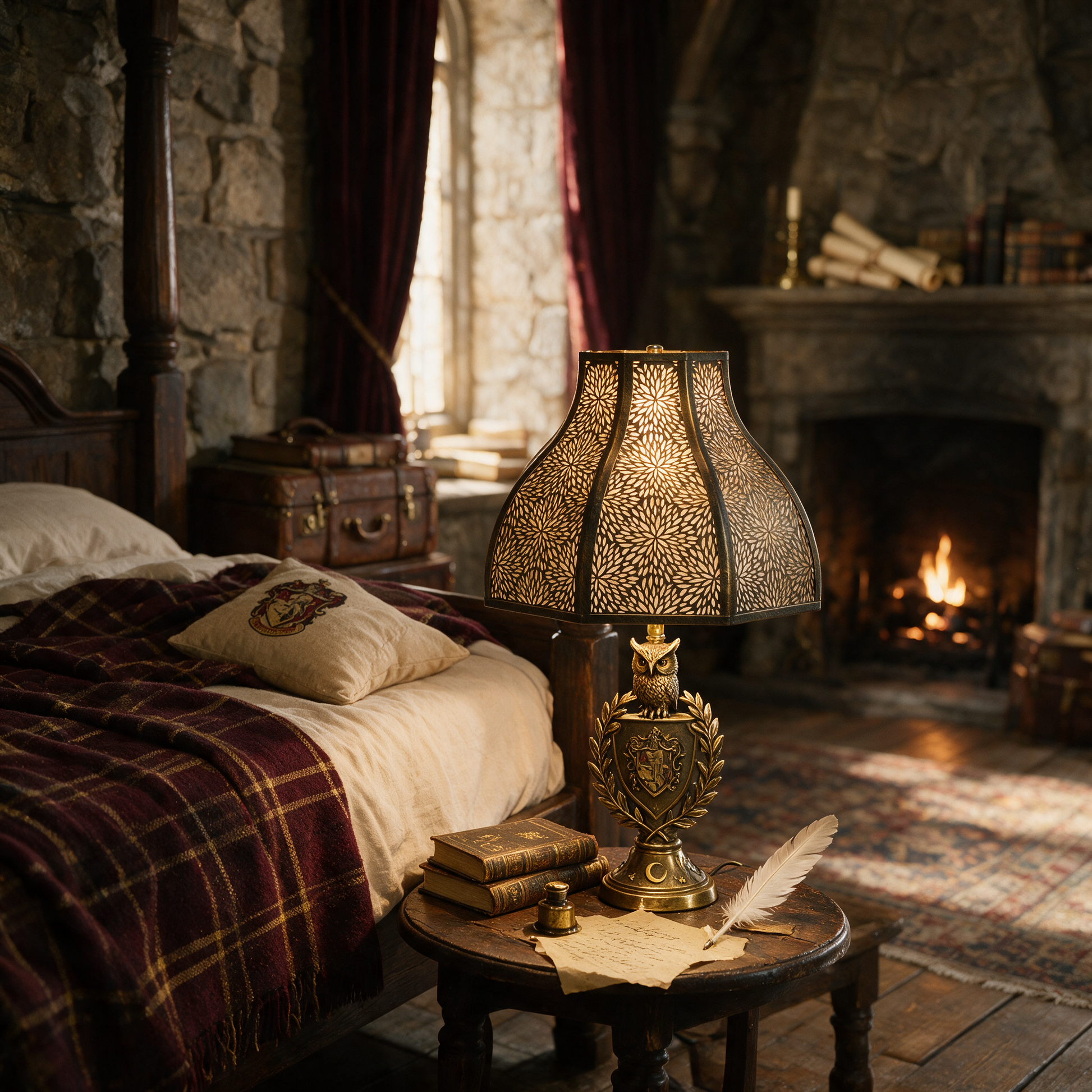 Retro lamp shade used on an antique bedside table lamp in a warm vintage bedroom with stone walls and a fireplace.