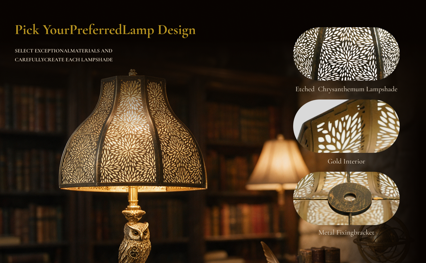 Close-up details of a retro metal lamp shade showing the floral cutout pattern, gold interior and spider fitter bracket
