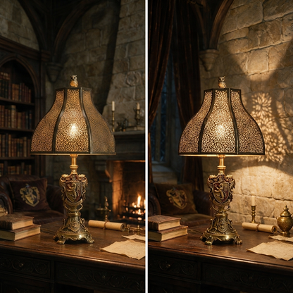Retro lamp shade lighting comparison showing warm light through floral cutouts and a decorative wall shadow effect.