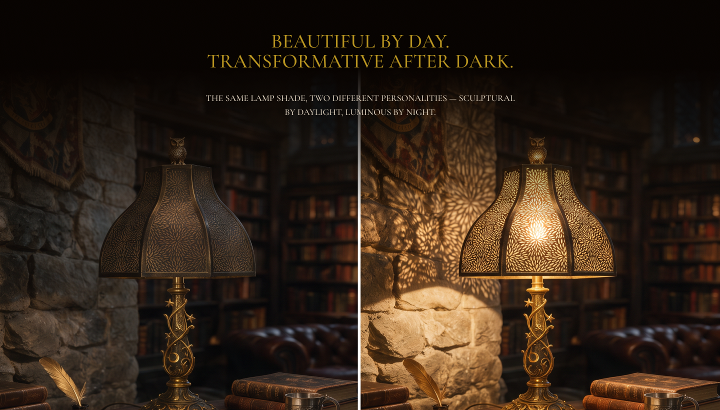 Retro lamp shade lighting comparison showing its decorative metal form when off and warm patterned illumination when switched on