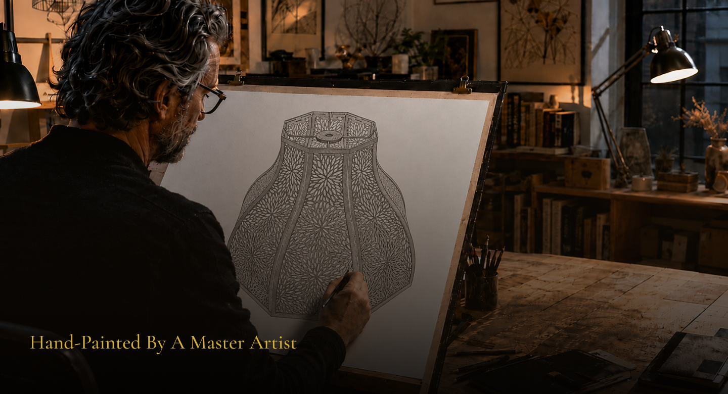 Original design sketch of a retro metal lamp shade with an intricate chrysanthemum-inspired floral cutout pattern.