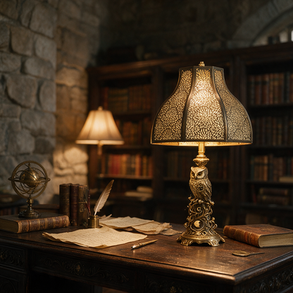 Retro lamp shade displayed on an antique owl table lamp in a dark academia library with warm ambient lighting