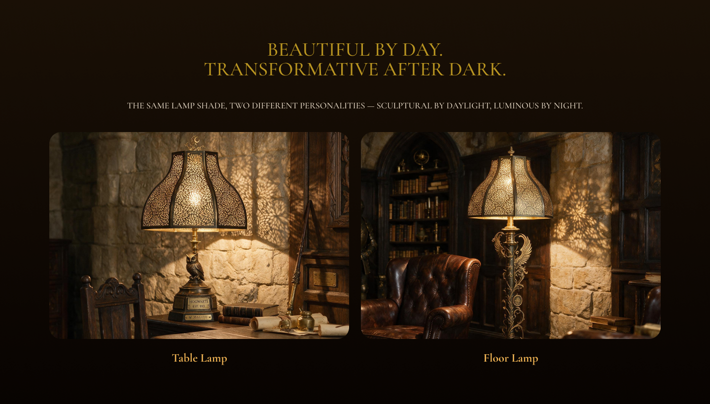 Retro lamp shades displayed on a decorative table lamp and floor lamp in a warm vintage library interior.