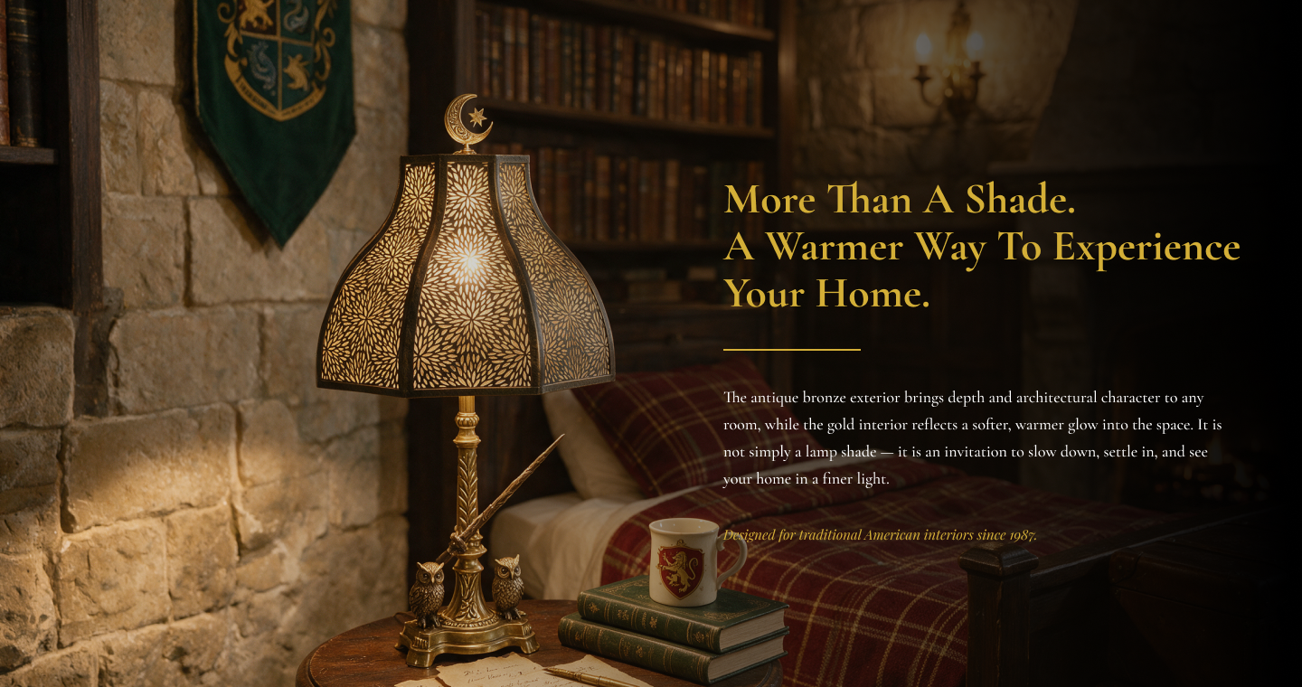 Retro lamp shade with floral metal cutouts creating a warm glow in a vintage bedroom with stone walls and antique decor