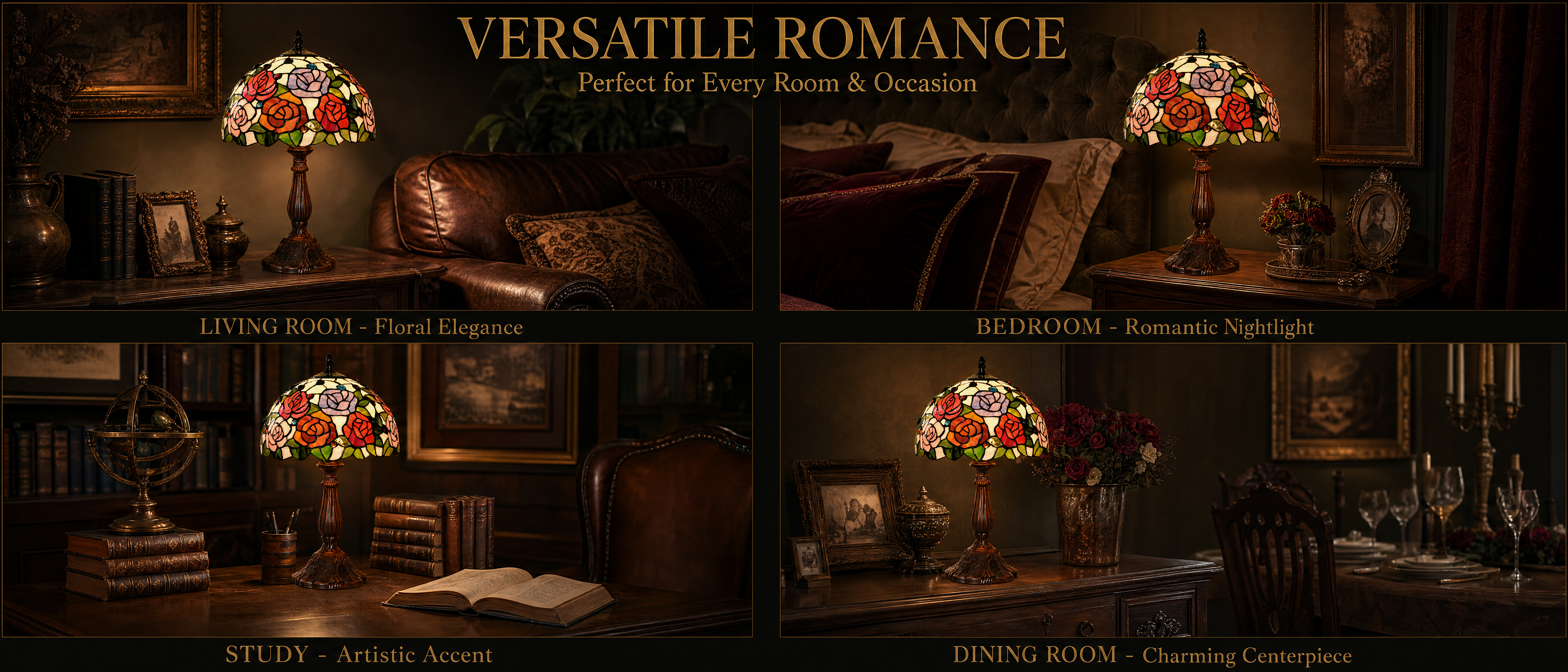 Romantic bedroom accent light with rose stained glass design creating a cozy vintage atmosphere
