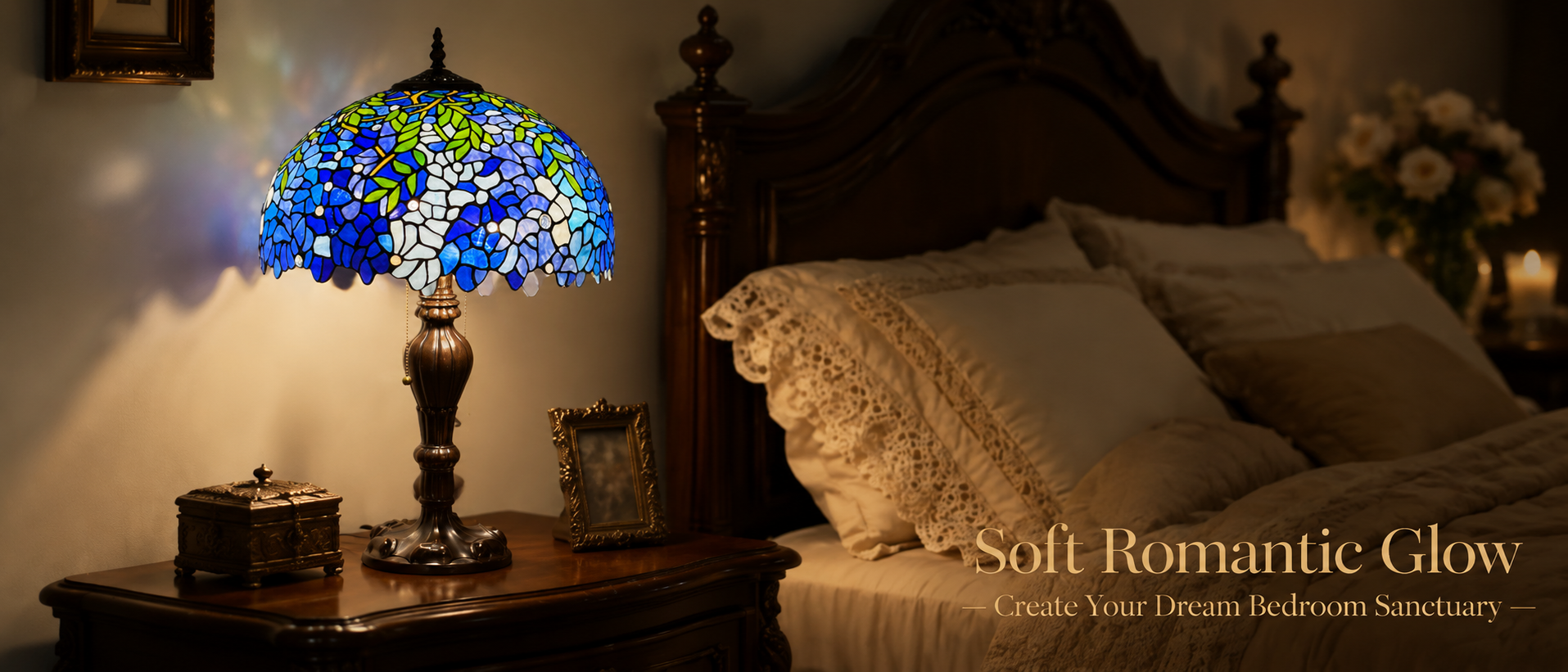 Romantic Wisteria lamp beside a vintage bedroom creating warm ambient lighting with colorful stained glass reflections