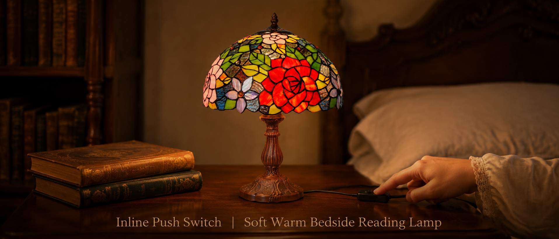Rose floral bedside reading lamp providing soft warm lighting beside a classic bedroom setting